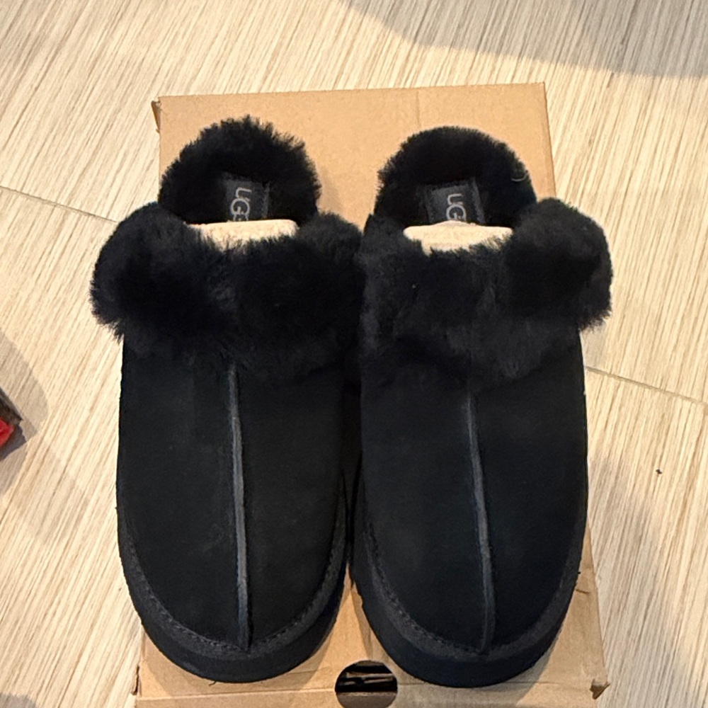 UGG Black Fuzzy Slippers